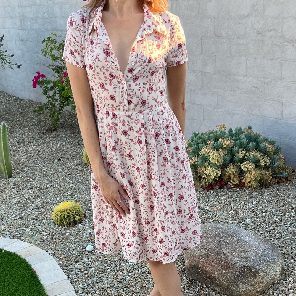 WAYF cream and pink floral shirt sleeve dress with button front sun dress - Picture 3 of 16